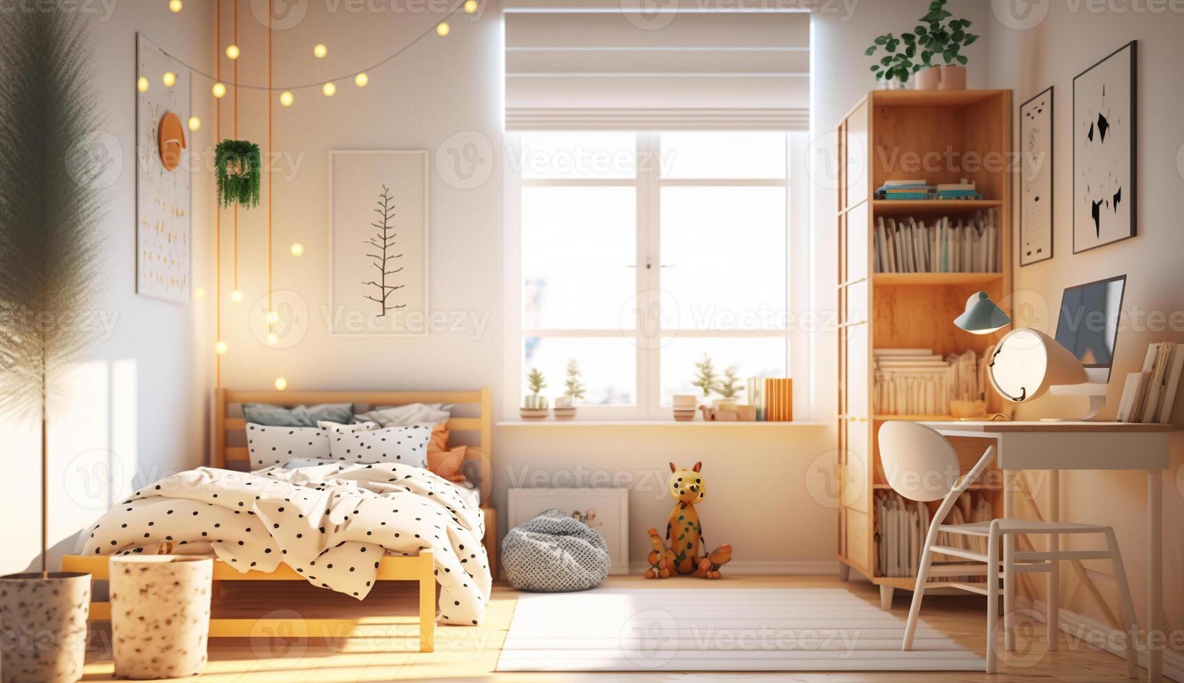 Natural, bright kid's bedroom interior with wooden furniture, designer accessories and posters on a white wall, photo