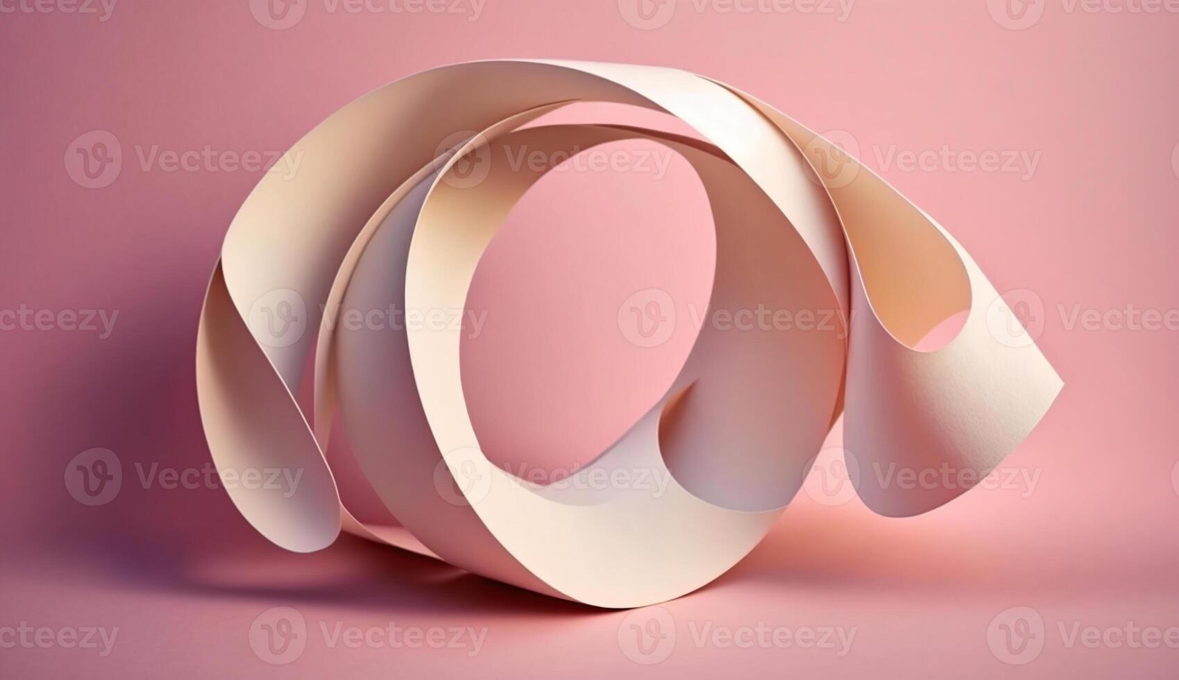 Mobius strip made from paper soaring in the air on pink background. Trendy surreal airy image. Abstract year color concept composition, photo