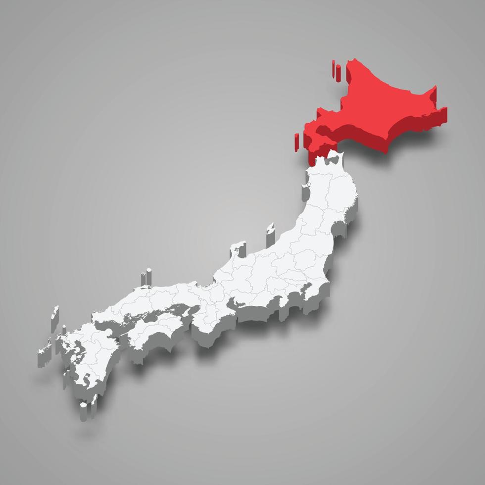 Hokkaido region location within Japan 3d map vector