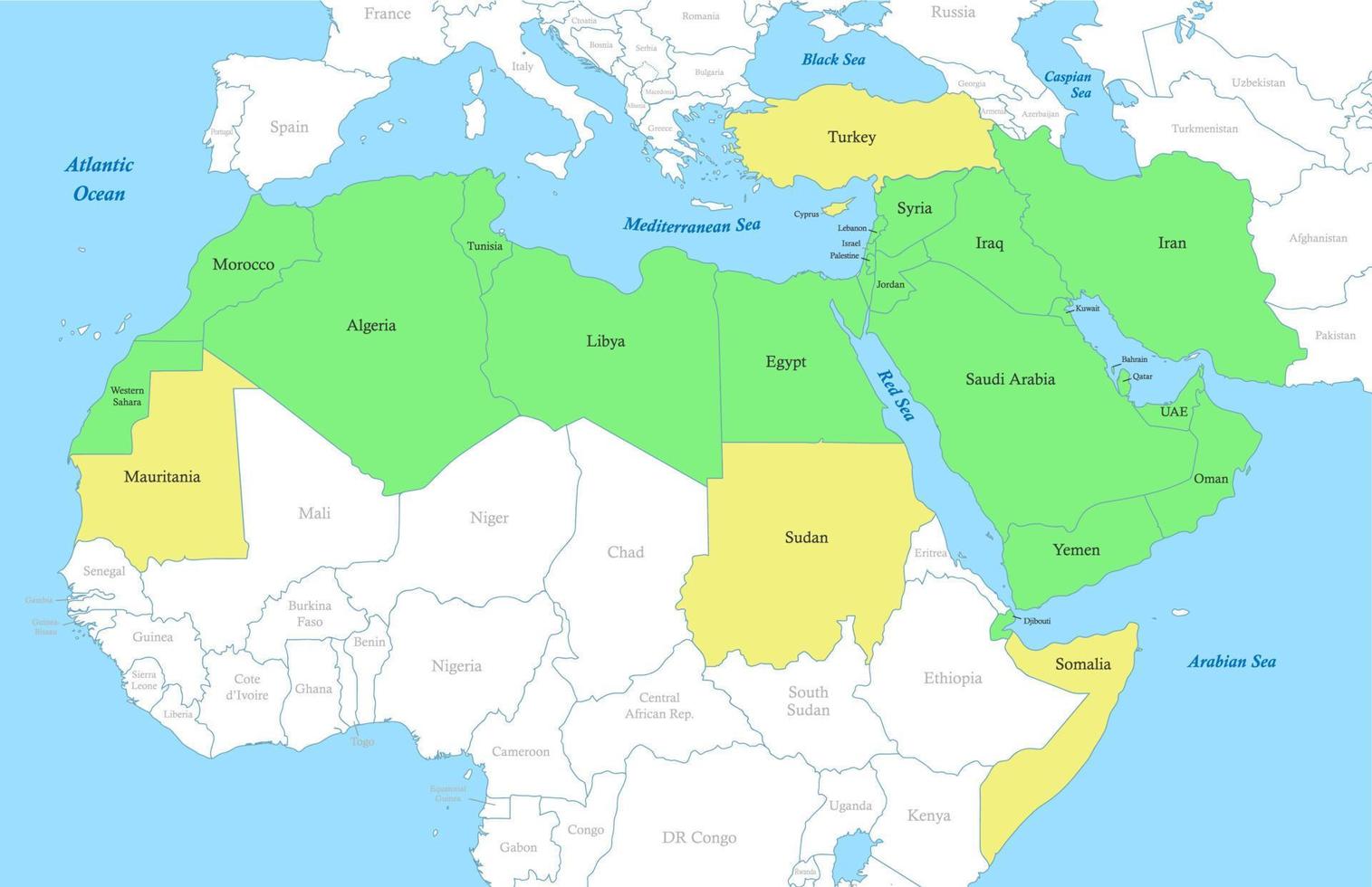 map of MENA region with borders of the states vector