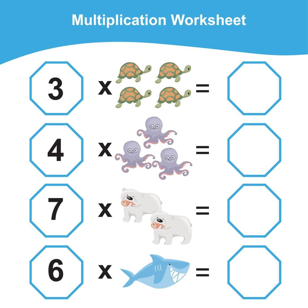 multiplicación hoja de cálculo para niños. contando matemáticas hoja de cálculo. imprimible matemáticas hoja de cálculo. vector ilustración.