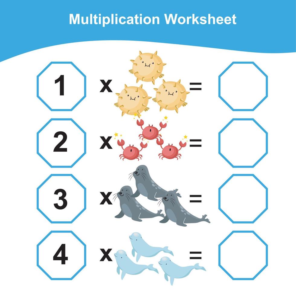 multiplicación hoja de cálculo para niños. contando matemáticas hoja de cálculo. imprimible matemáticas hoja de cálculo. vector ilustración.