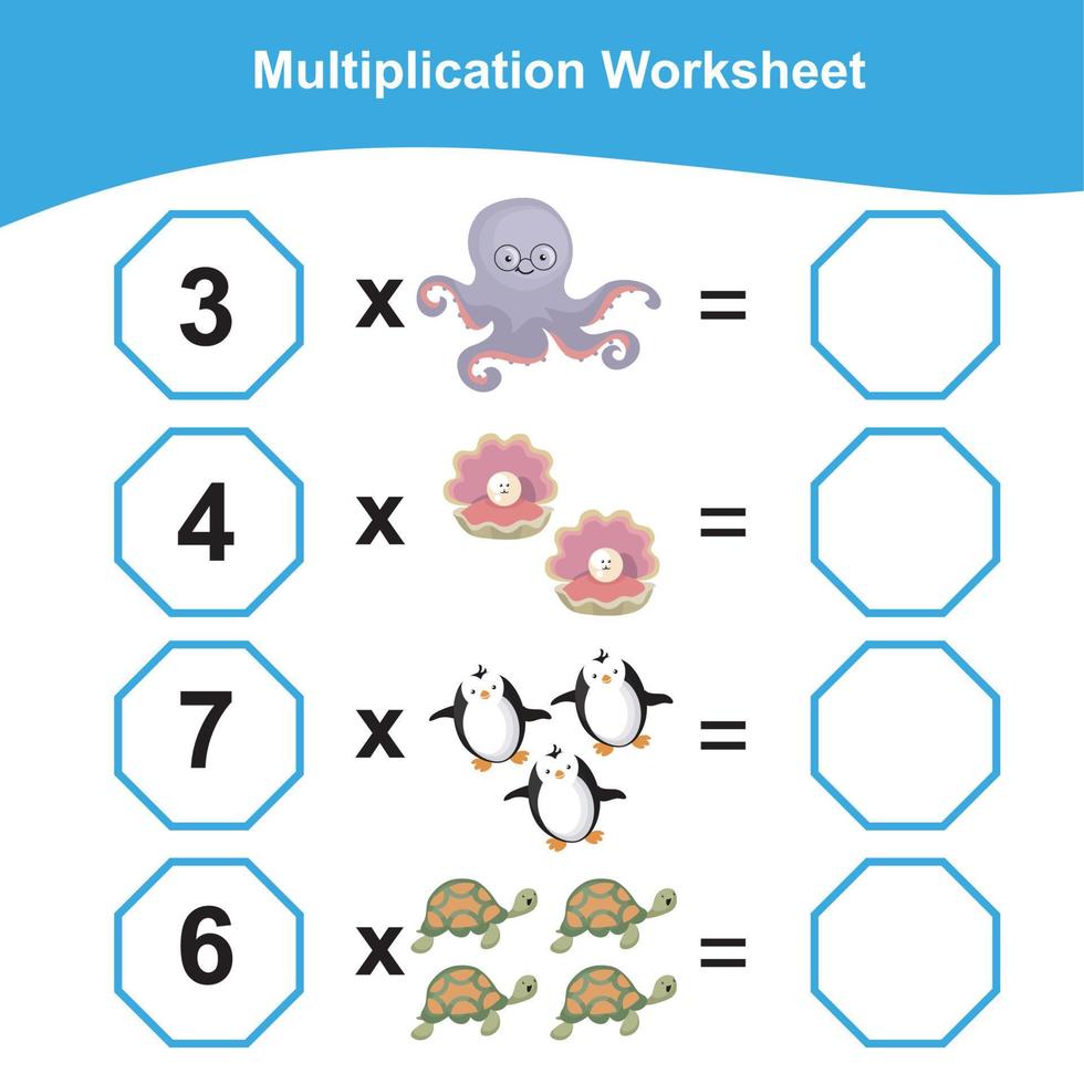 multiplicación hoja de cálculo para niños. contando matemáticas hoja de cálculo. imprimible matemáticas hoja de cálculo. vector ilustración.