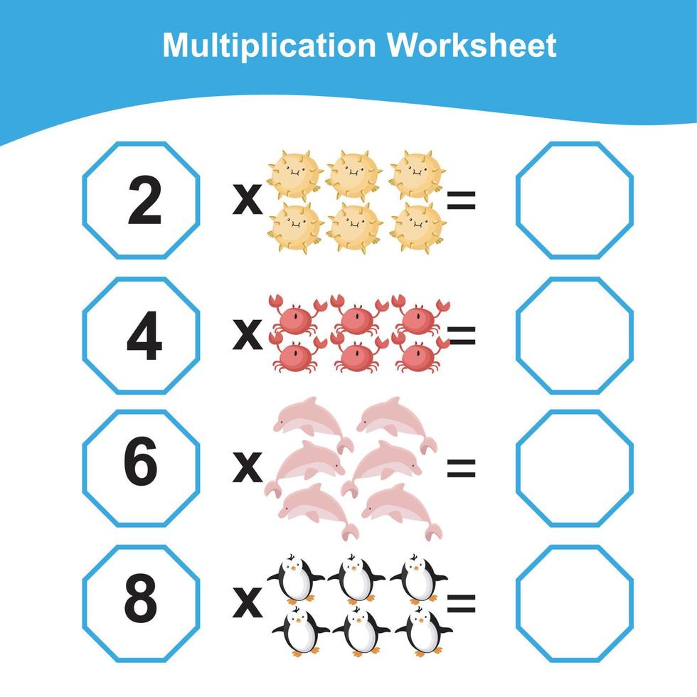 Multiplication Worksheet for children. Counting math worksheet. Printable math worksheet. Vector illustration.