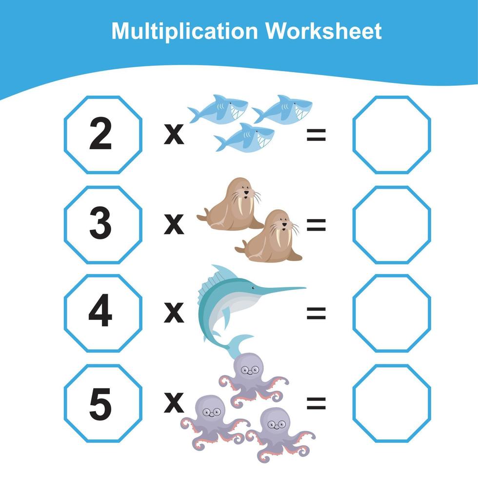 multiplicación hoja de cálculo para niños. contando matemáticas hoja de cálculo. imprimible matemáticas hoja de cálculo. vector ilustración.