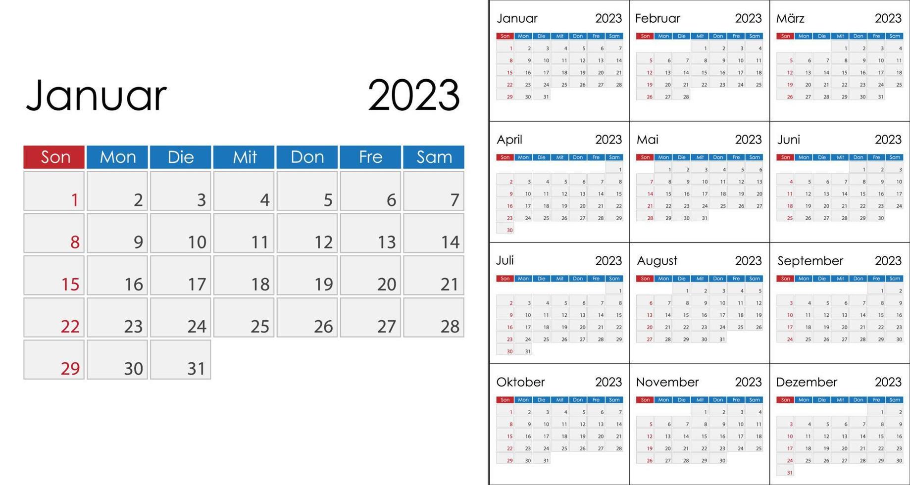 Calendar 2023 on German language, week start on Sunday. Vector template