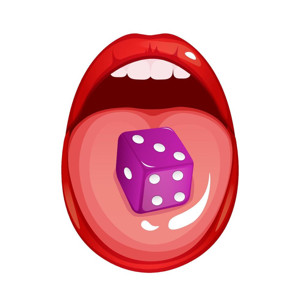 Cartoon style woman red mouth holding a dice on a tongue. vector