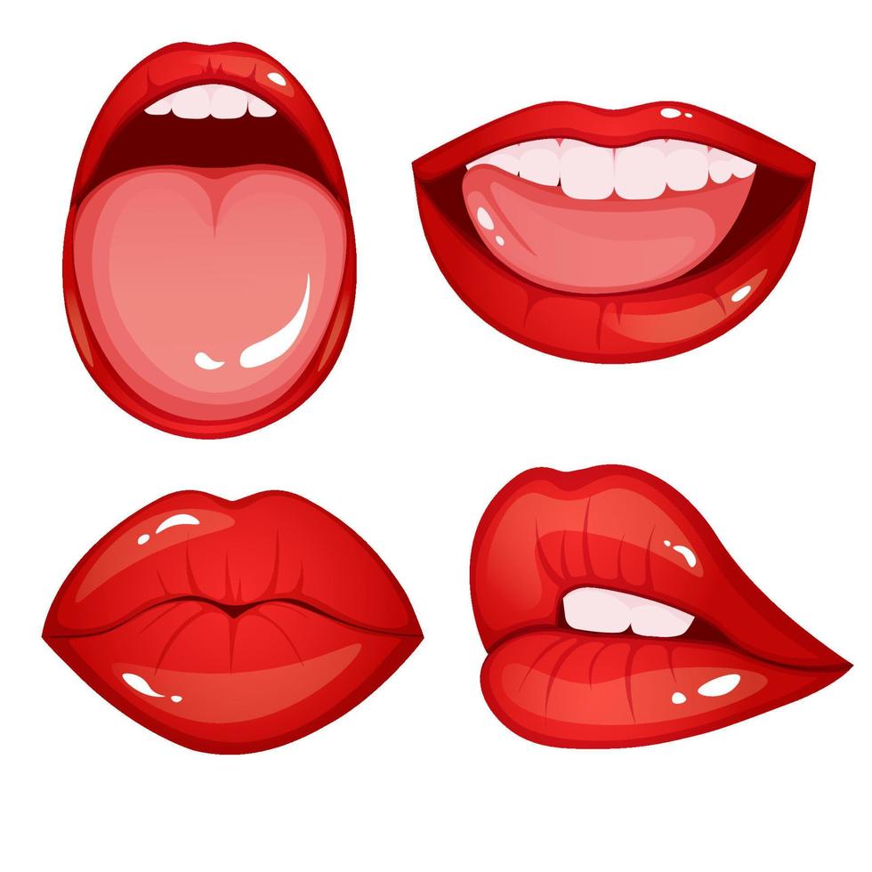 Cartoon style woman red lips set. Vector illustration isolated on white background.