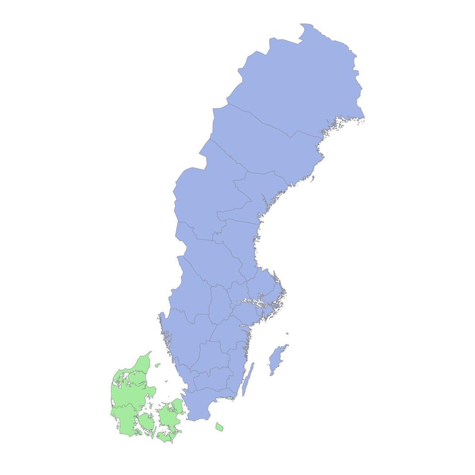 alto calidad político mapa de Suecia y Dinamarca con fronteras de el regiones o provincias vector