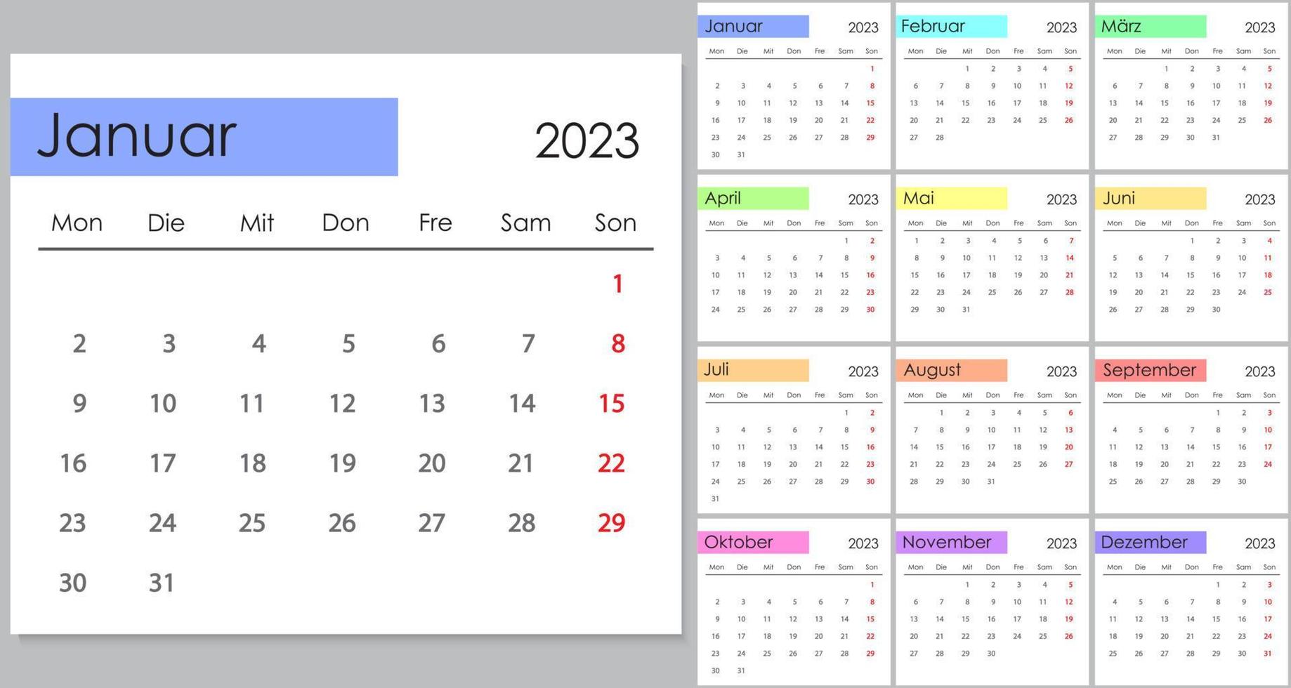 Calendar 2023 on German language, week start on Monday vector