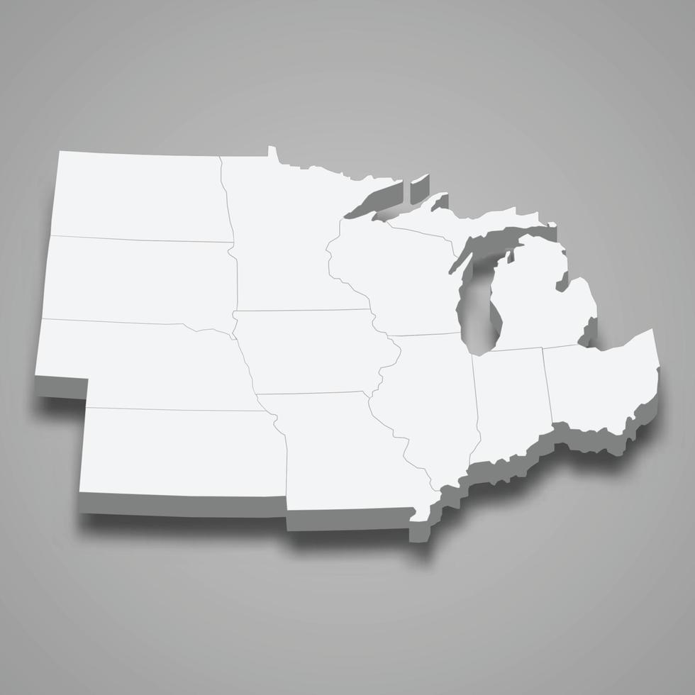 3d isometric map Midwest Region of United States vector