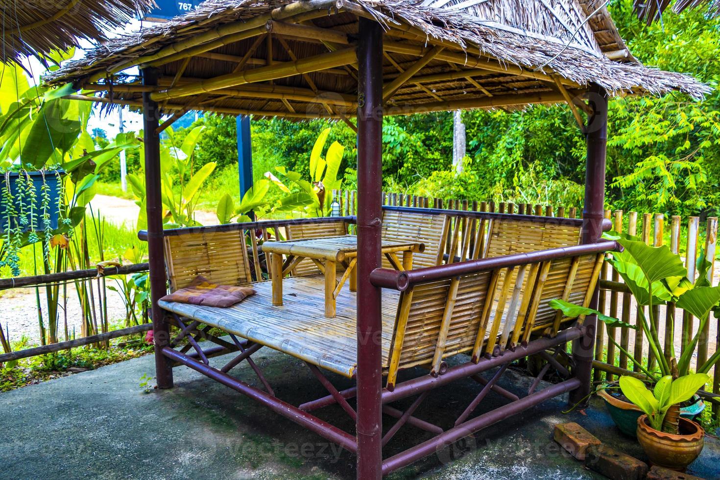 Wooden bamboo cottages in natural tropical jungle resort Krabi Thailand. photo