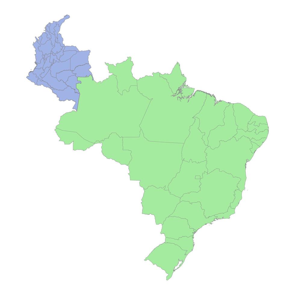 High quality political map of Brazil and Colombia with borders of the regions or provinces vector