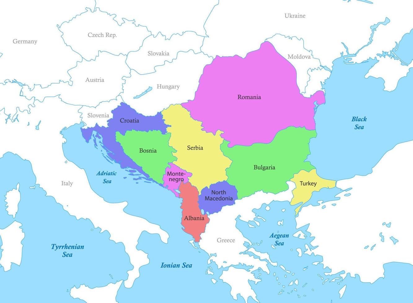 map of Southeast Europe with borders of the countries. vector