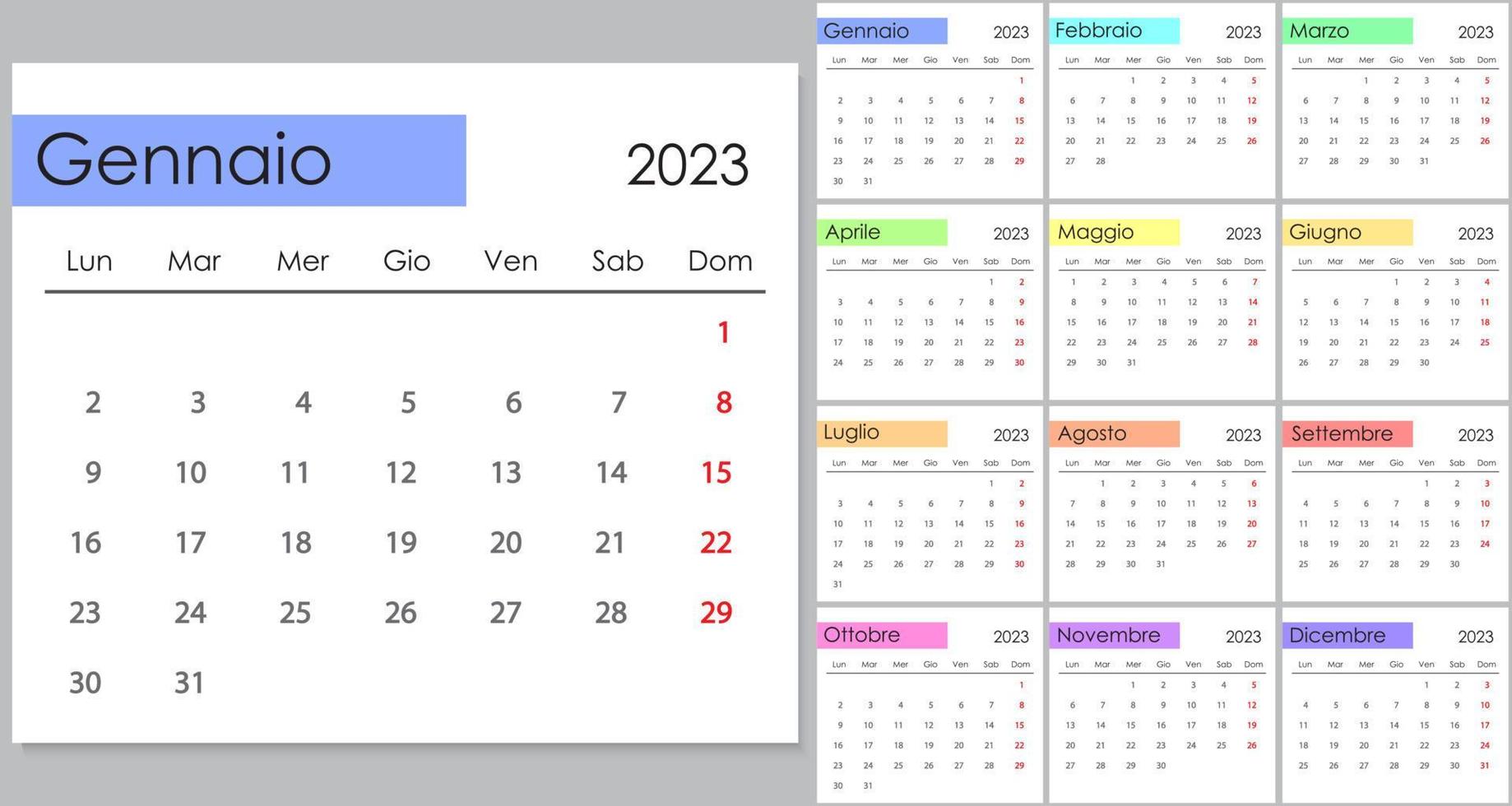 Calendar 2023 on Italian language, week start on Monday. vector