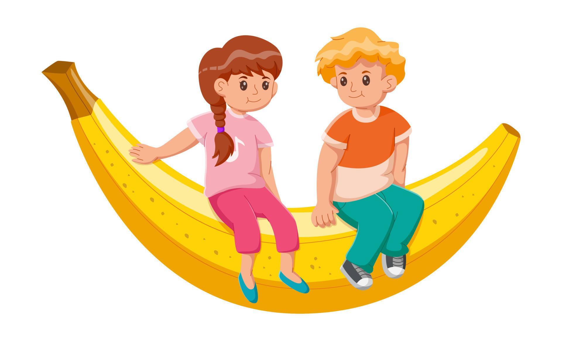 Cute kids sitting on bananas cartoon vector icon illustration. people fruit icon concept