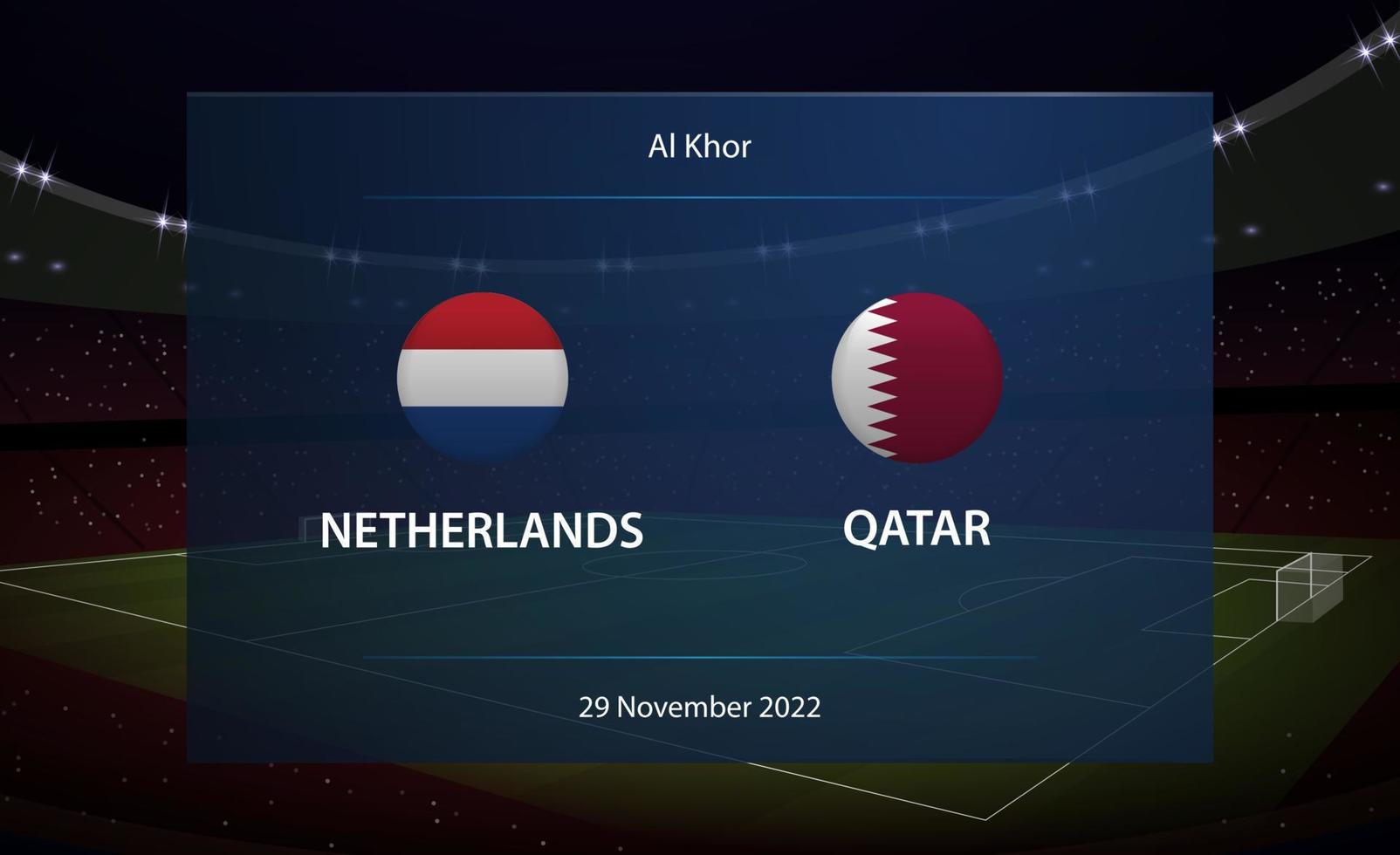 Netherlands vs Qatar. Football scoreboard broadcast graphic vector