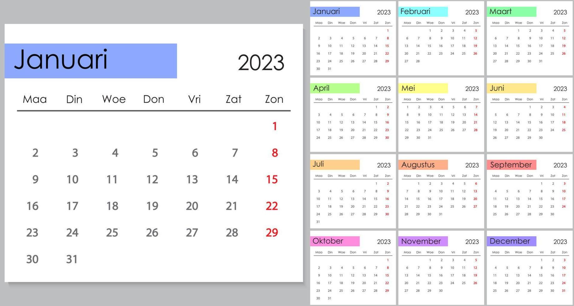 Calendar 2023 on Dutch language, week start on Monday. vector