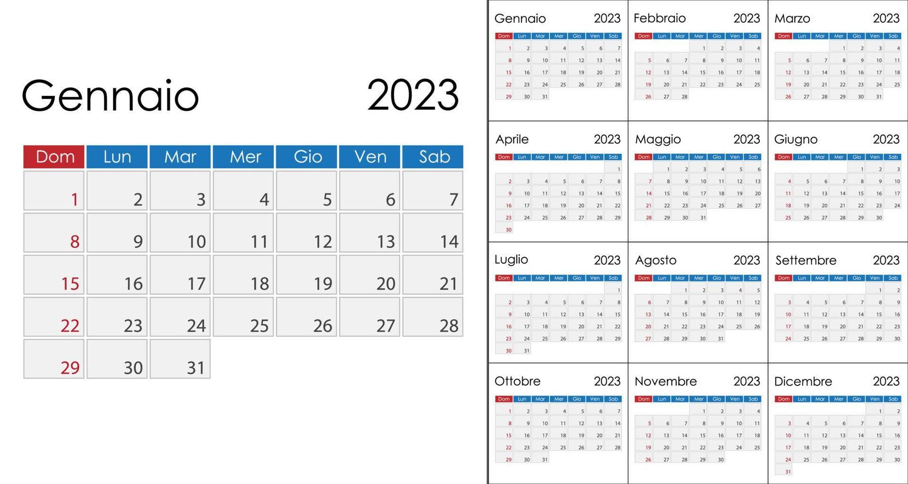 Calendar 2023 on italian language, week start on Sunday. Vector template