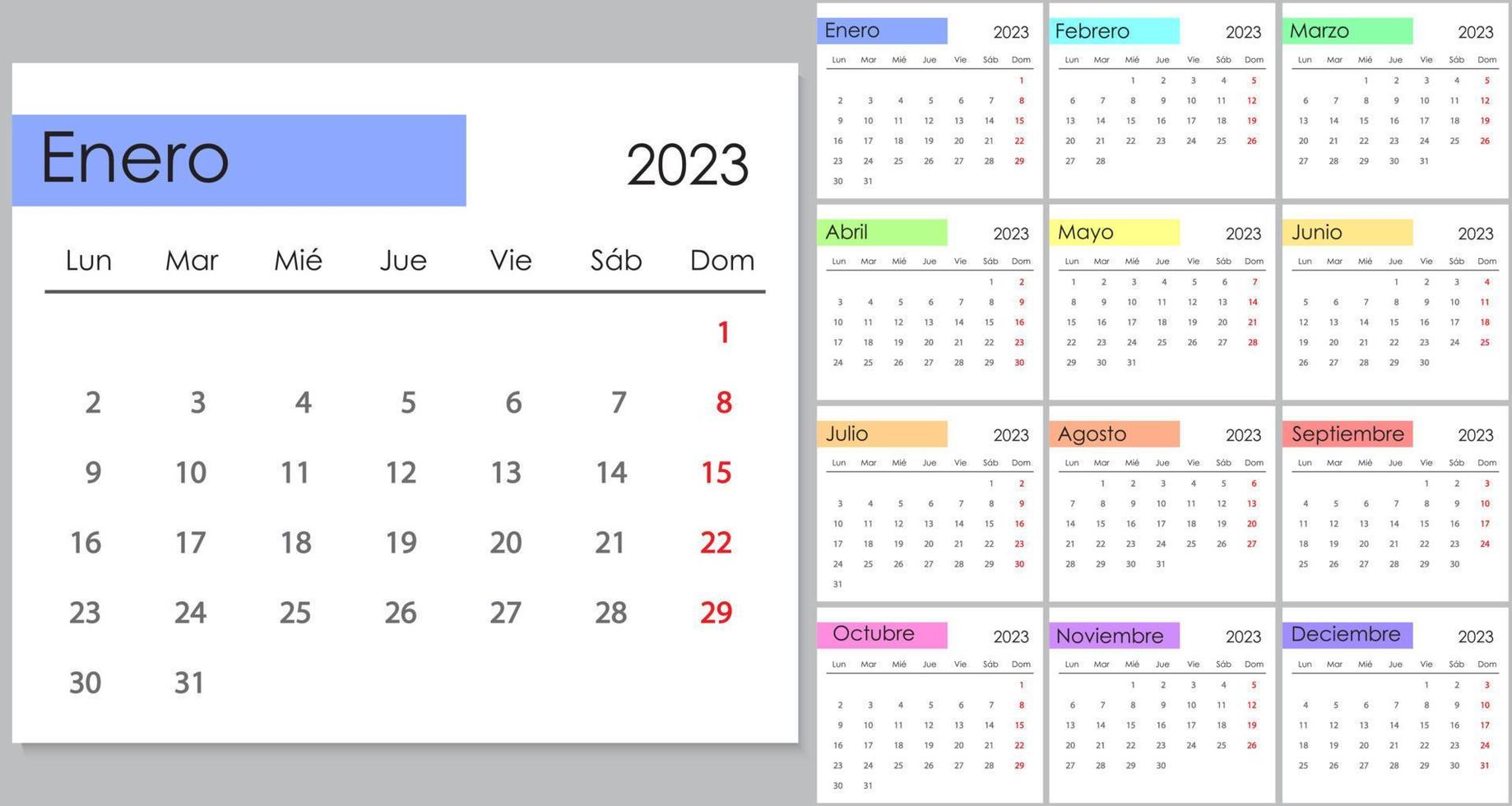 calendario 2023 en Español idioma, semana comienzo en lunes. vector