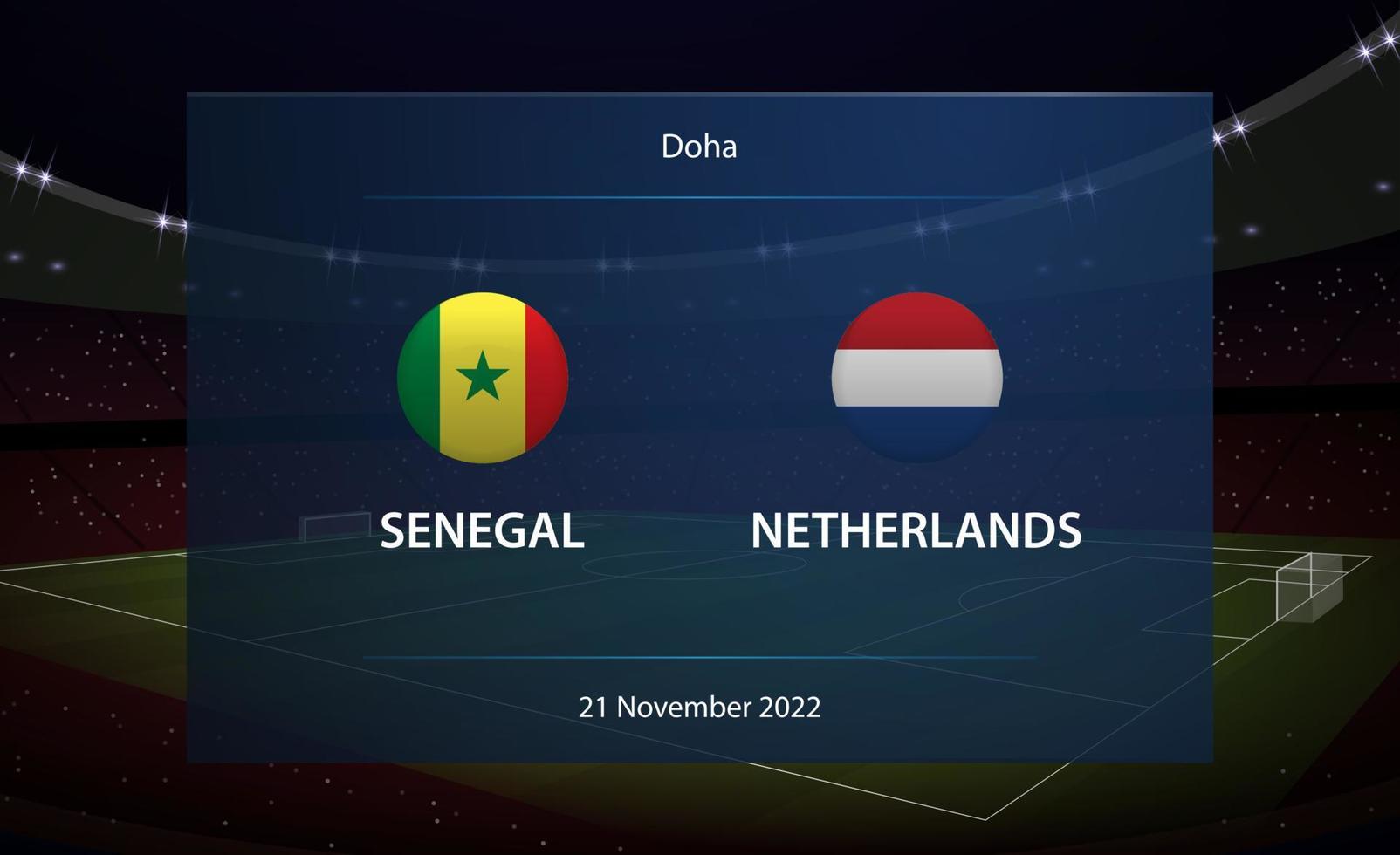 Senegal vs Netherlands. Football scoreboard broadcast graphic vector