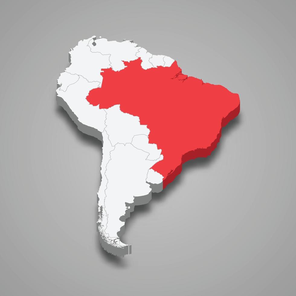 Brazil country location within South America. 3d map vector