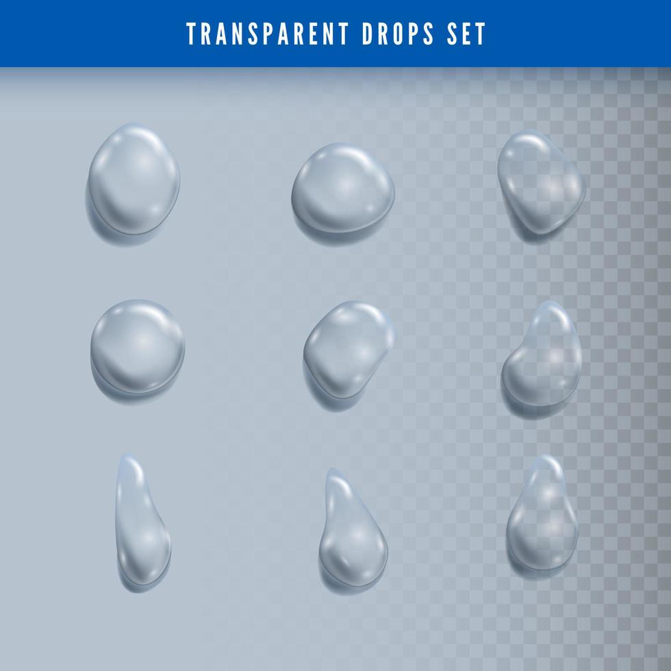 Set of Drops. Liquid clear droplet. Dew on glass surface. vector