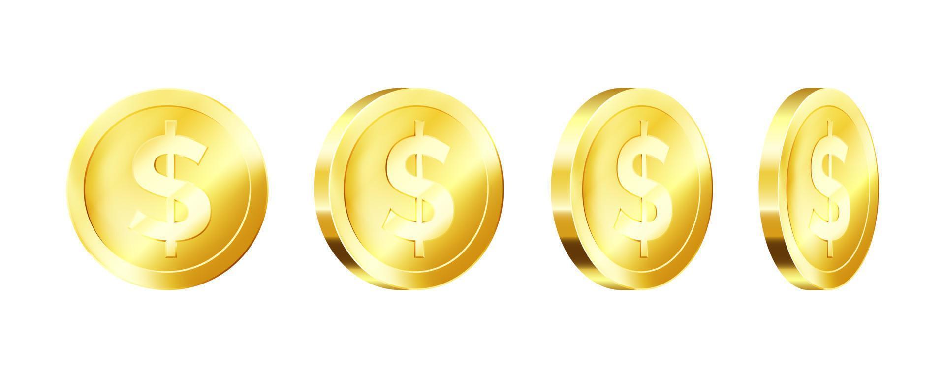 Metallic gold coin template. Rotate golden dollar icon. Vector illustration