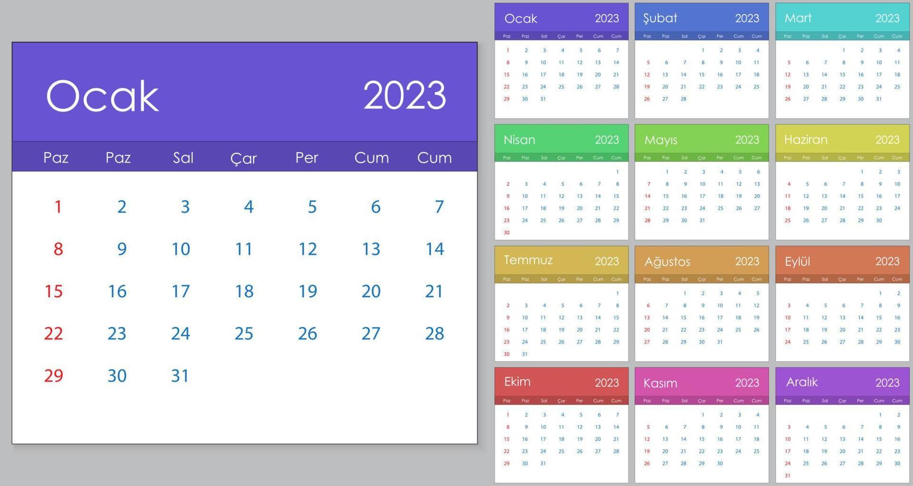 Calendar 2023 on Turkish language, week start on Sunday. vector