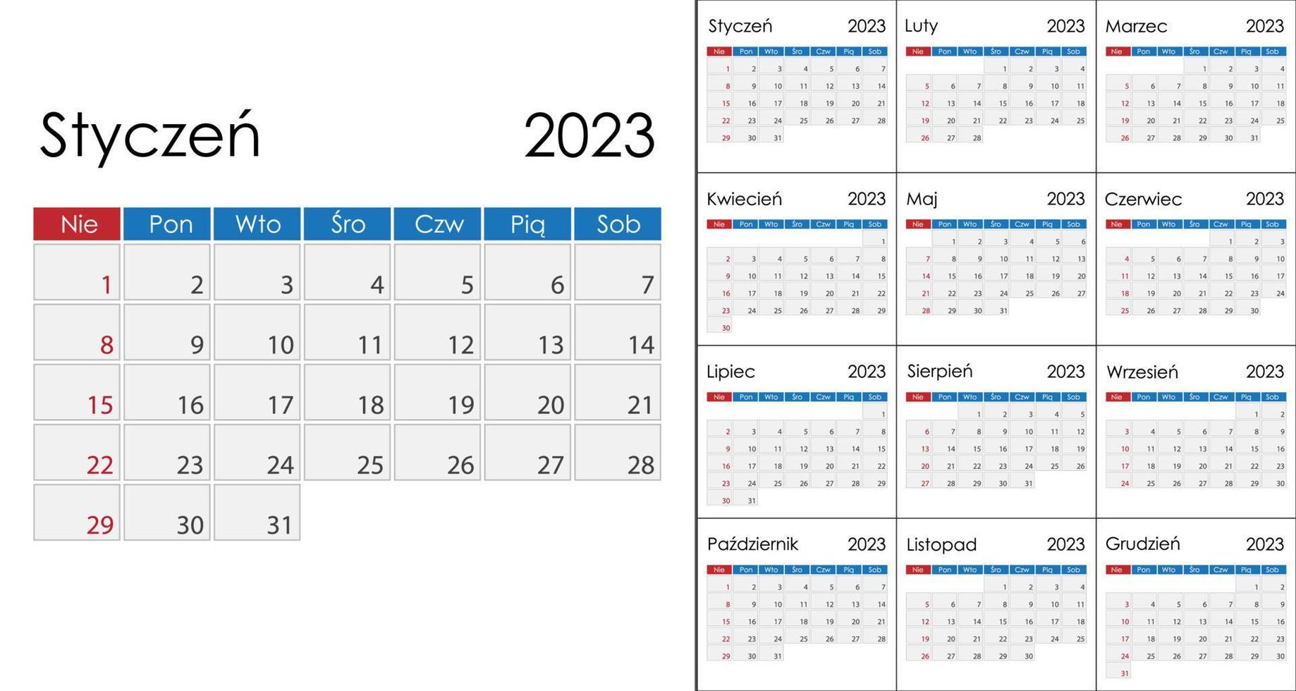 Calendar 2023 on Polish language, week start on Sunday. Vector template