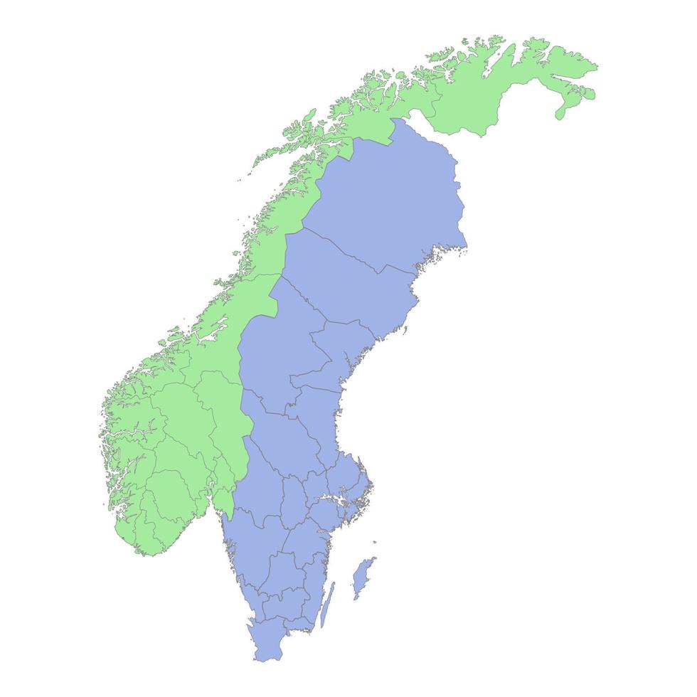 High quality political map of Sweden and Norway with borders of the regions or provinces. vector