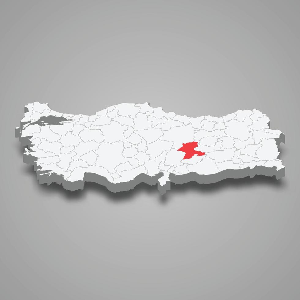 Malatya region location within Turkey 3d map vector