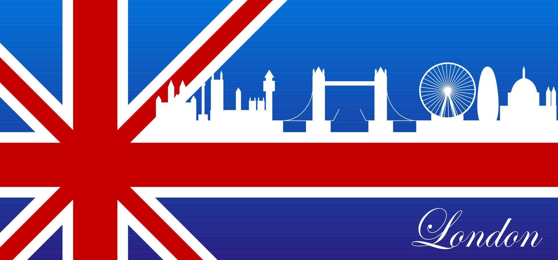 Silhouette of London city against the background of the British flag. Great design for greeting card, invitation, print, banner, poster, social media, collage, web. Vector illustration