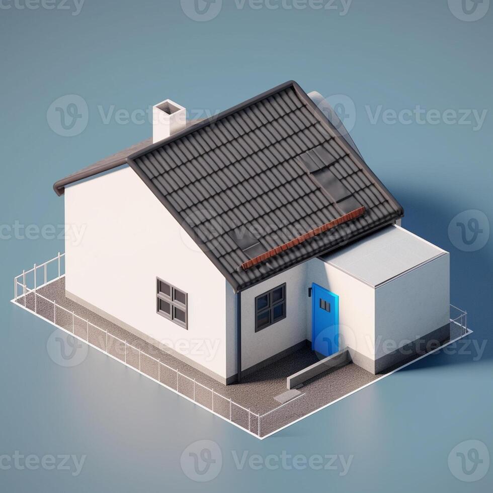 3d render of house in isometric projection on blue background real estate house concept artwork photo