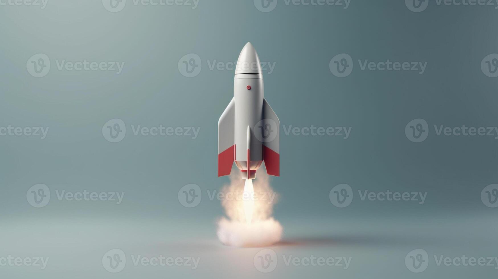 Rocket flying on a blue background. 3d render. Startup concept artwork photo