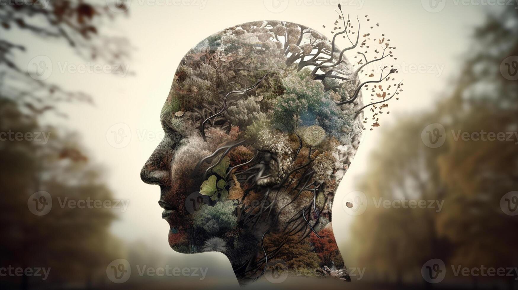 Conceptual image of a human head with colorful brain and autumn leaves. mental health concept artwork photo