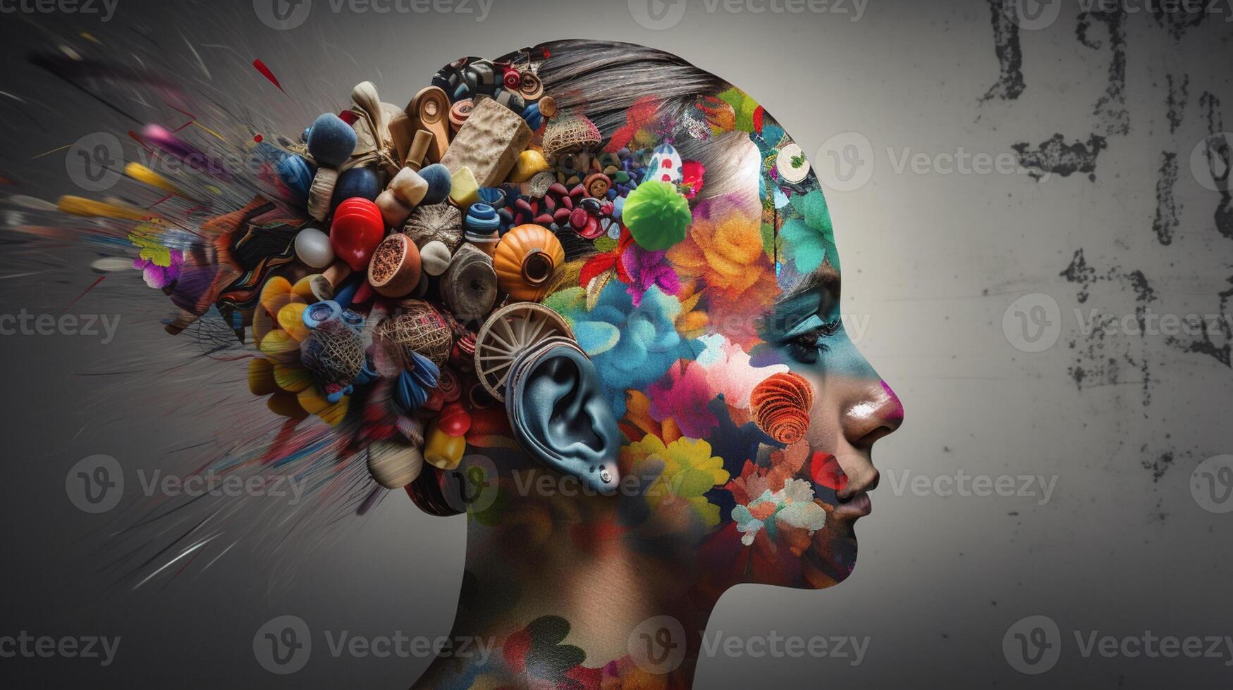 Conceptual image of a human head with colorful brain and autumn leaves. mental health concept artwork photo