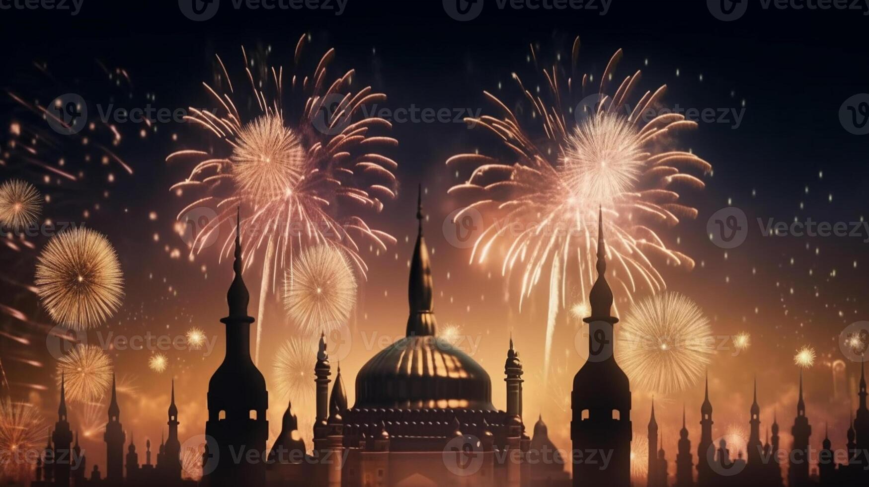 Celebration background with a mosque and fireworks in the night sky. Eid celebration concept artwork photo