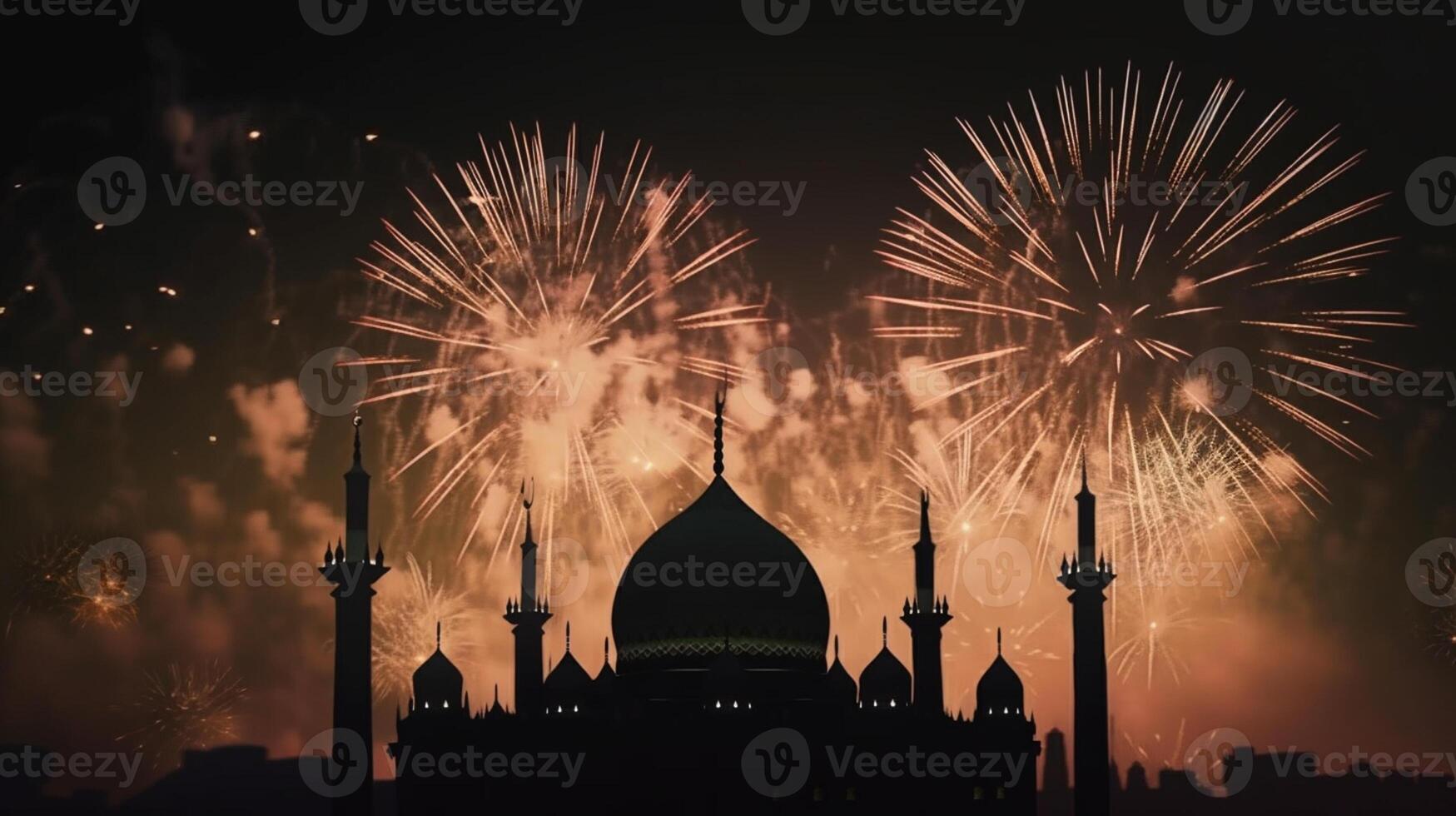 Celebration background with a mosque and fireworks in the night sky. Eid celebration concept artwork photo