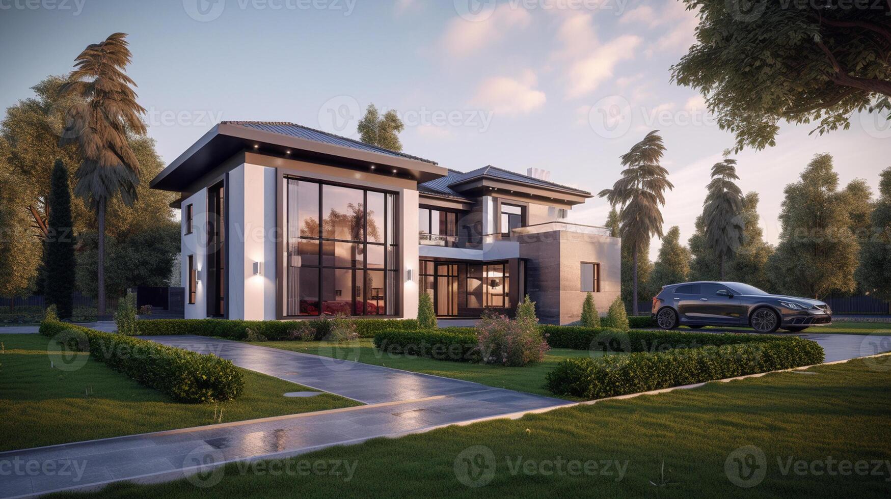 3d rendering of modern cozy house with garage for sale or rent with beautiful landscaping on background, real estate concept artwork photo