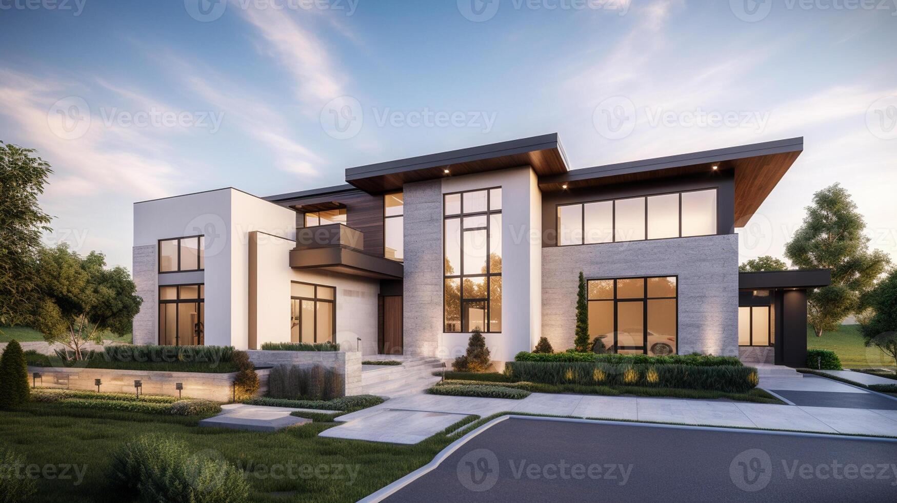 3d rendering of modern cozy house with garage for sale or rent with beautiful landscaping on background, real estate concept artwork photo