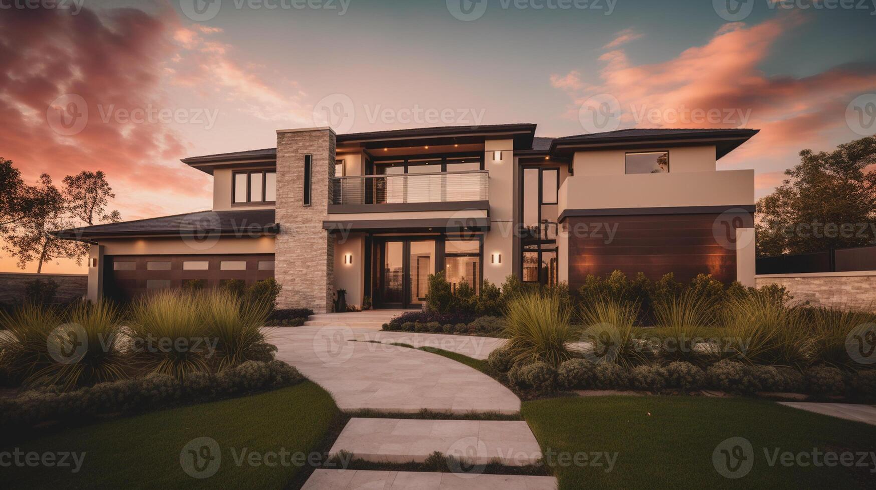 3d rendering of modern cozy house with garage for sale or rent with beautiful landscaping on background, real estate concept artwork photo