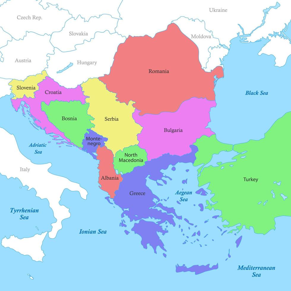 map of Balkans with borders of the countries. vector