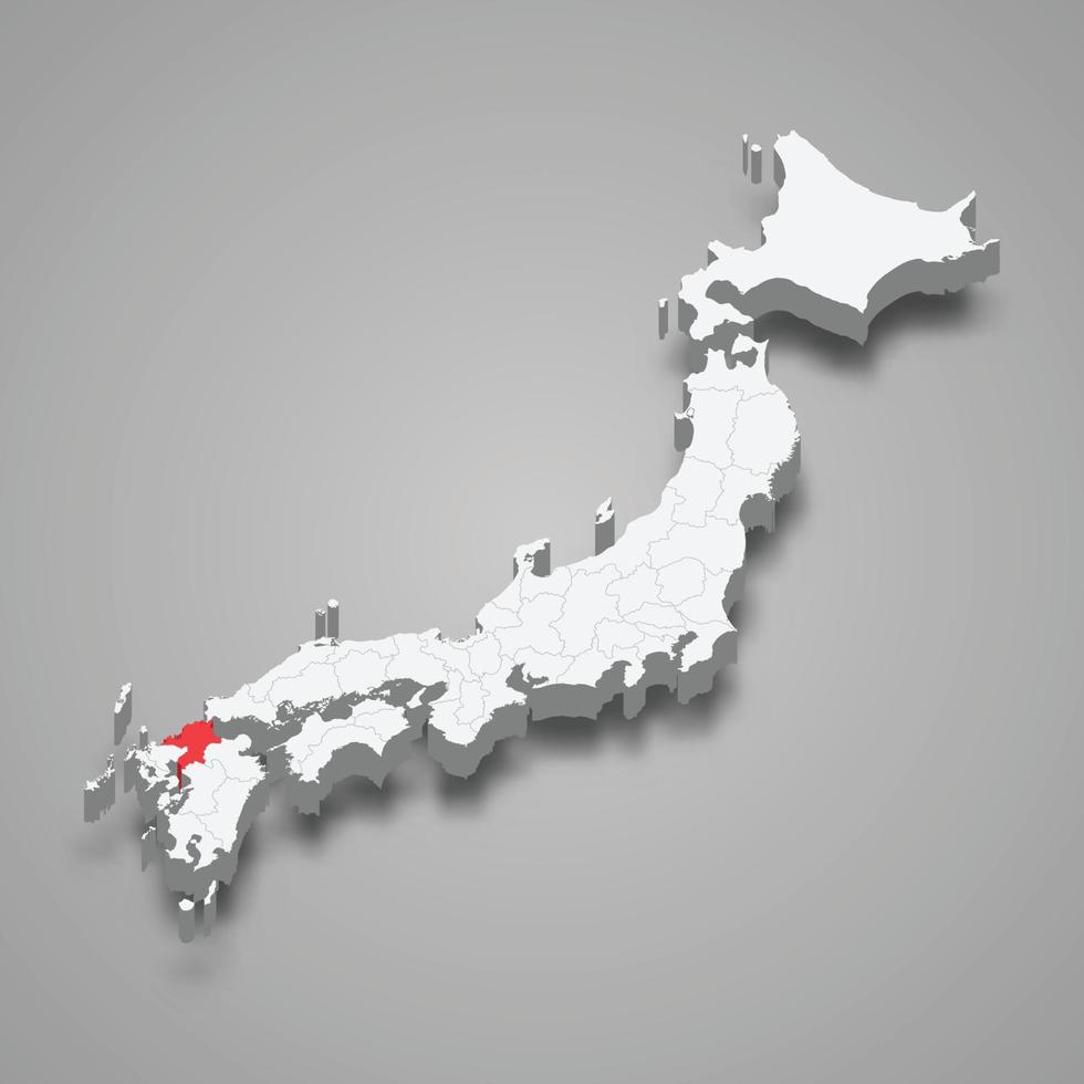 Fukuoka region location within Japan 3d map vector