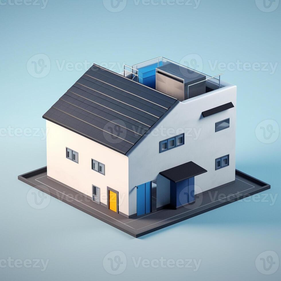 3d render of house in isometric projection on blue background real estate house concept artwork photo