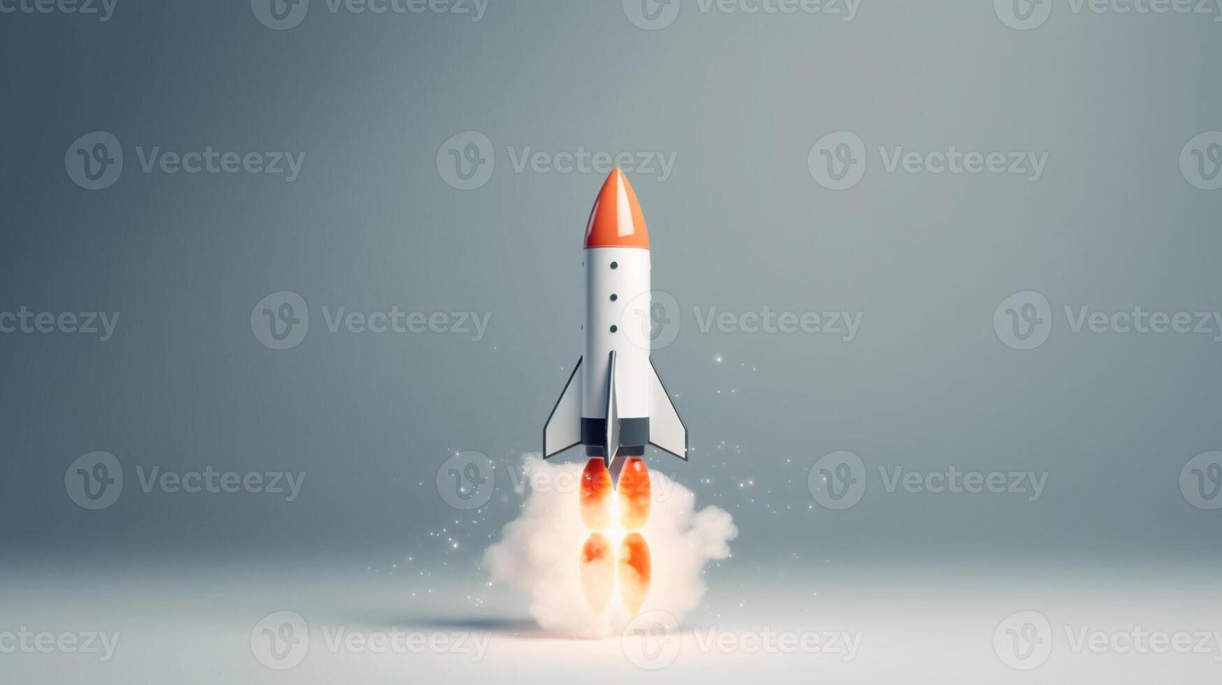 Rocket flying on a blue background. 3d render. Startup concept artwork photo