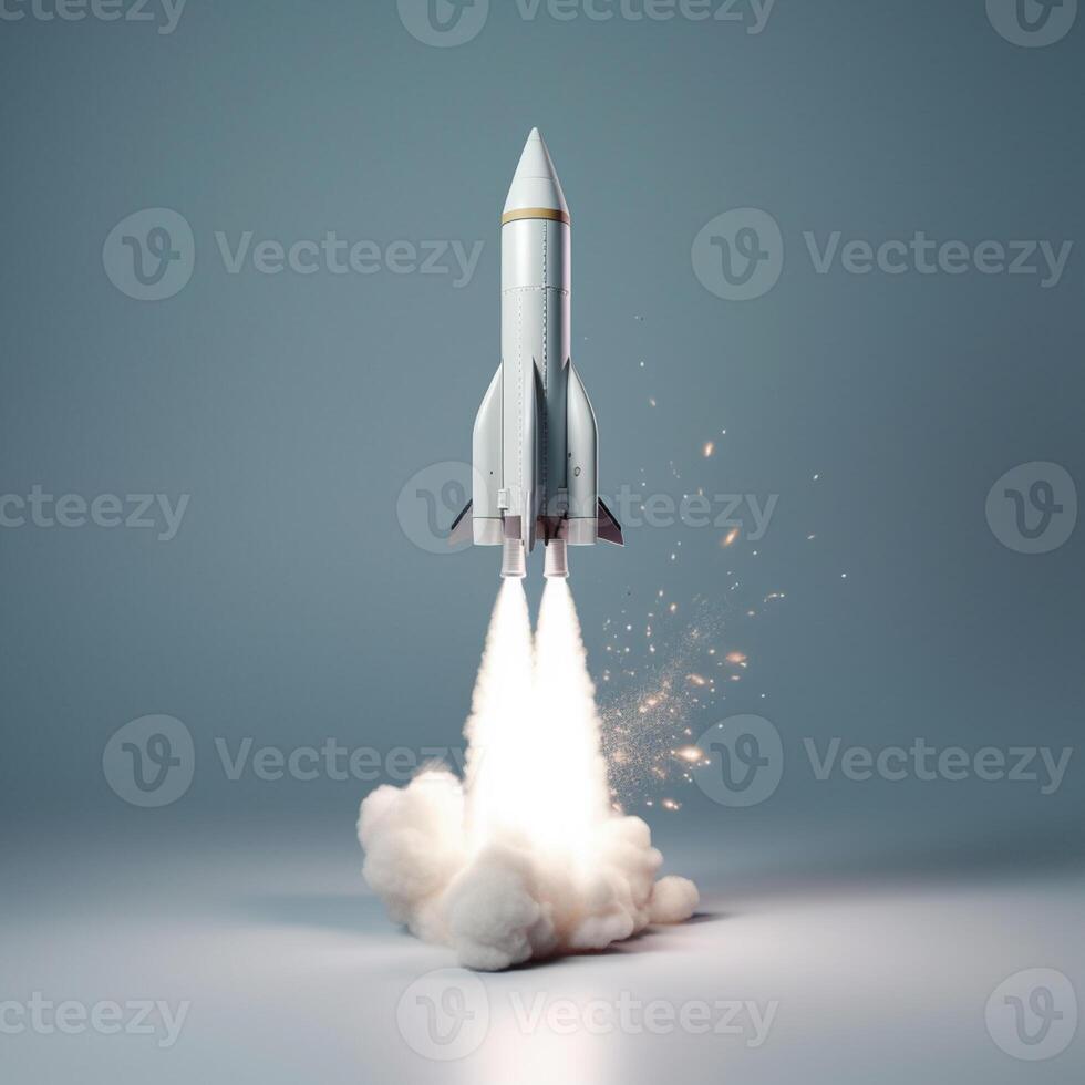 Rocket flying on a blue background. 3d render. Startup concept artwork photo