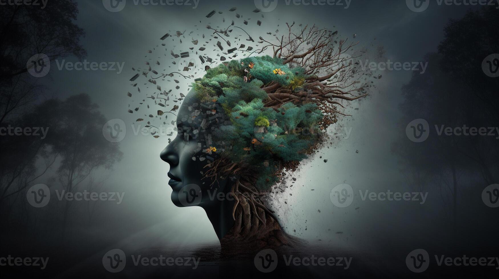 Conceptual image of a human head with colorful brain and autumn leaves. mental health concept artwork photo