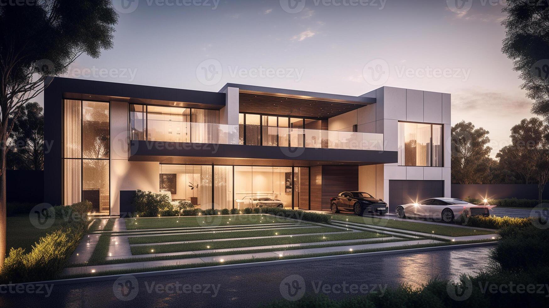 3d rendering of modern cozy house with garage for sale or rent with beautiful landscaping on background, real estate concept artwork photo