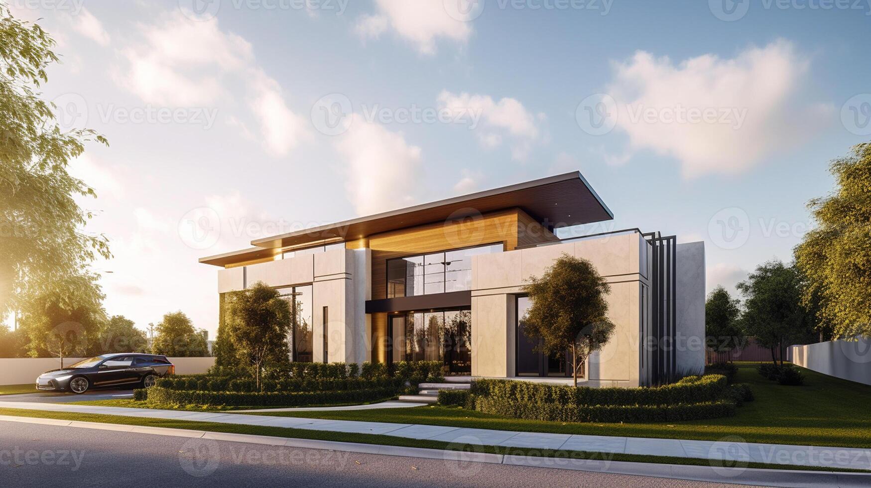 3d rendering of modern cozy house with garage for sale or rent with beautiful landscaping on background, real estate concept artwork photo